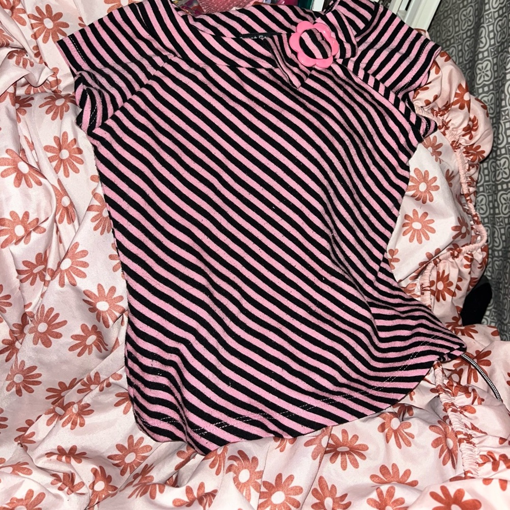 Striped Pink & Black Short Sleeve Tee with Ring Accent